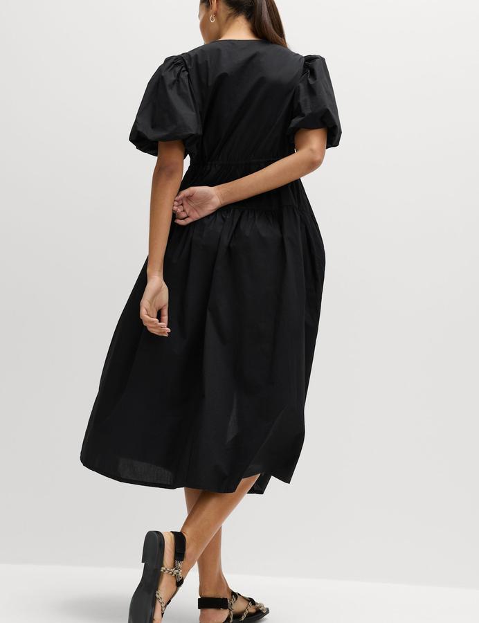 Pure Cotton Puff Sleeve Midi Waisted Dress
