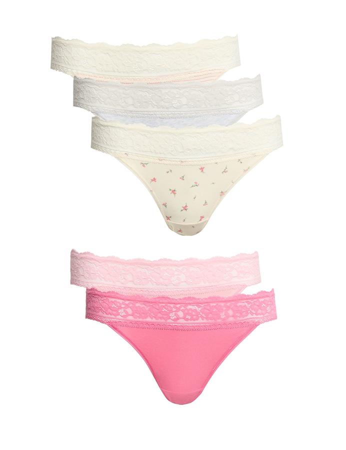 5pk Cotton & Lace Printed Thongs