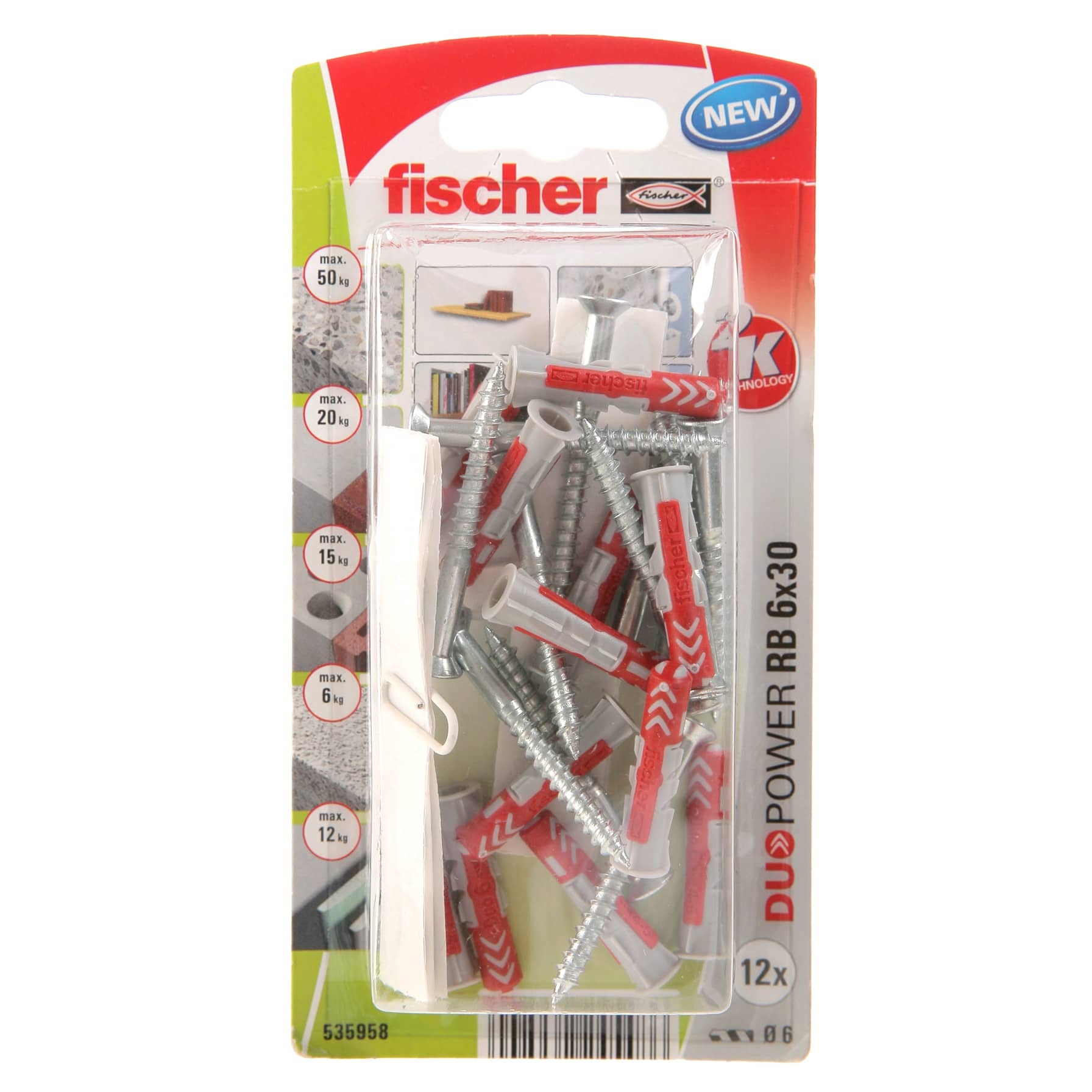 Fischer DuoPower Universal Plug W/ Screw Pack, RB (0.6 x 3 cm, 12 Pc.)