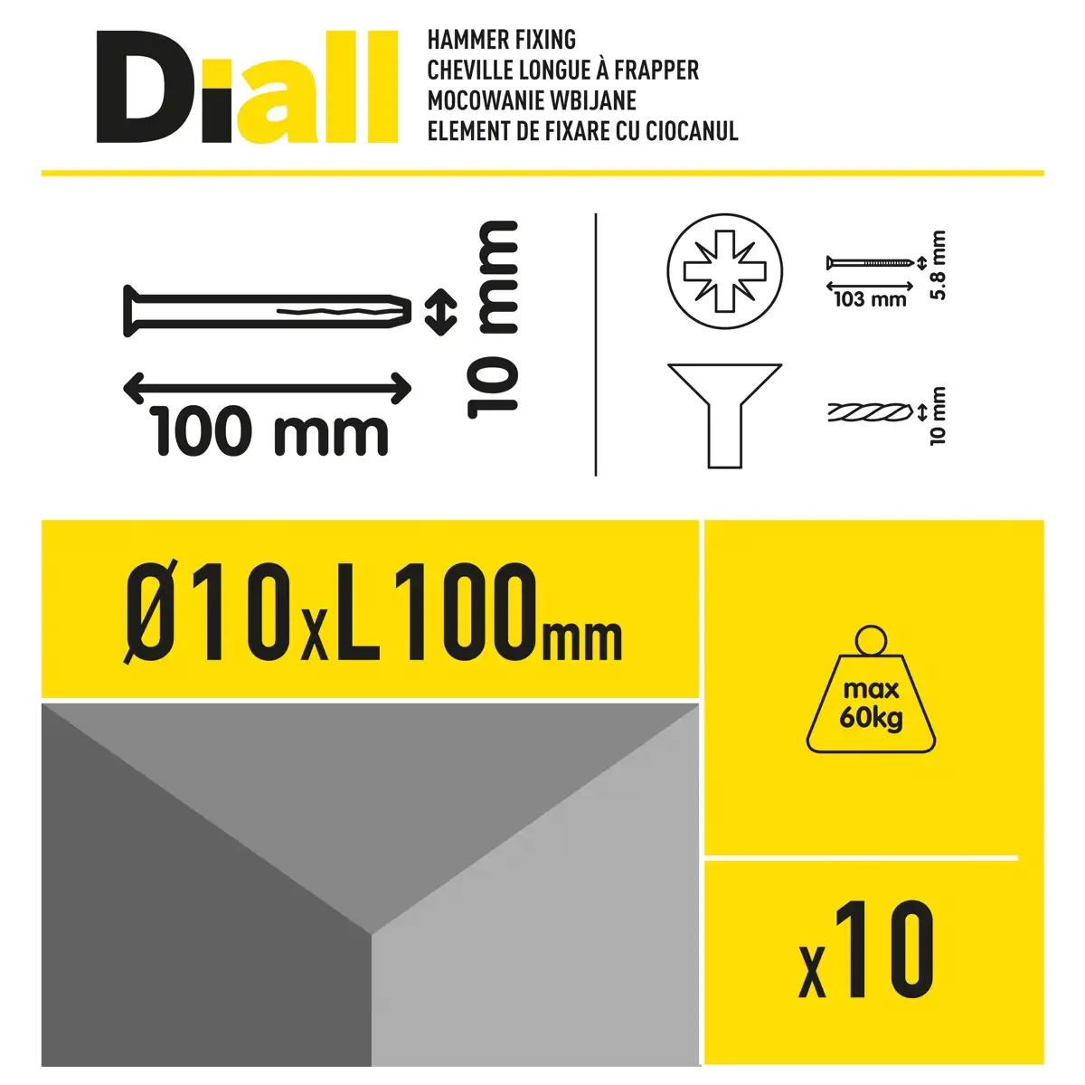 Diall Nylon & Steel Hammer Fixing Pack (Dia. 1 x L. 10 cm, 10 Pc.)