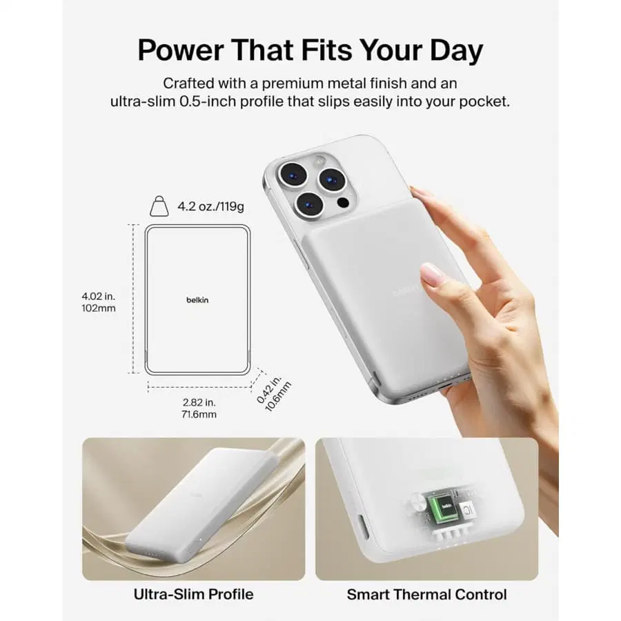 Belkin Slim Magnetic Power Bank (White, 5.000 mAh, 7.5 W)