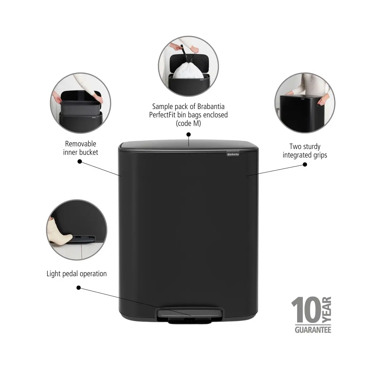 Brabantia Stainless Steel Bo Pedal Bin (36.3 x 54.1 x 65.2 cm, 60 L, Matt Black)