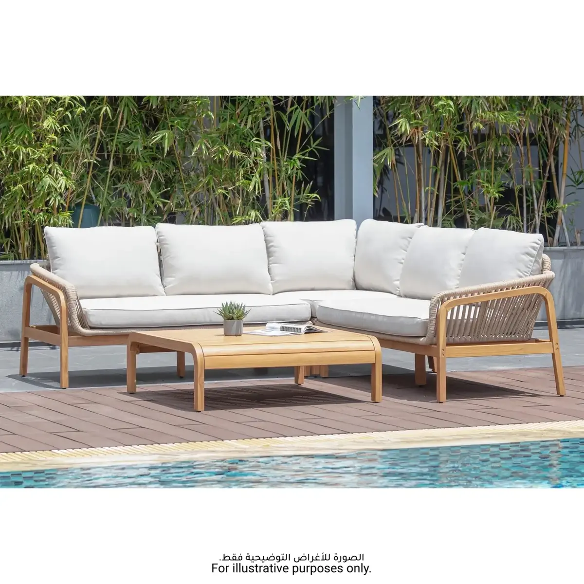 Cameo Acacia Wood & Rope 4-Seater Corner Outdoor Sofa Set W/Cushion (142 x 75 x 73 cm)