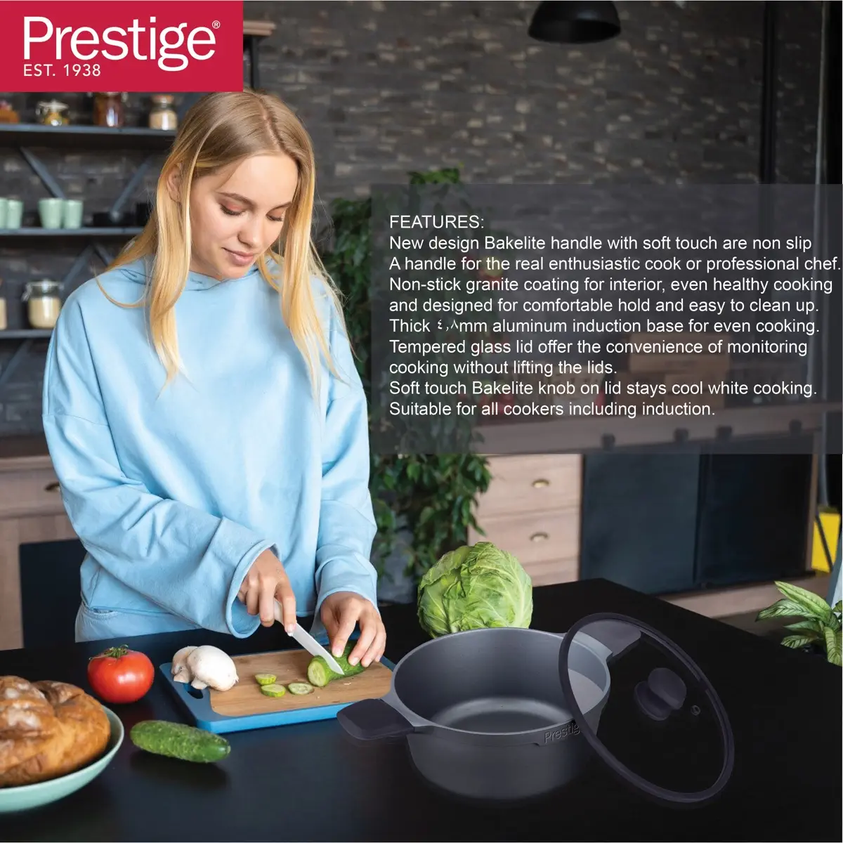 Prestige Essential Cast Aluminum Casserole W/Glass Lid (Black, 20 cm)