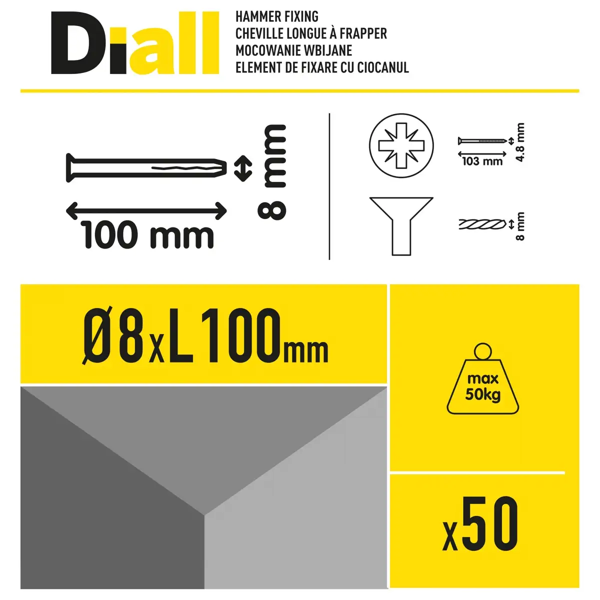 Diall Nylon & Steel Hammer Fixing Pack (Dia. 0.8 x L. 10 cm, 50 Pc.)