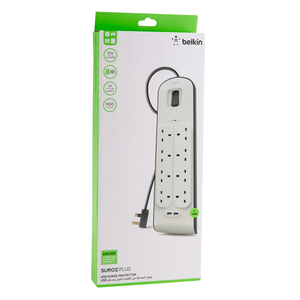 Belkin 8-Socket Surge Protector Extension Cord W/USB Port (2 m)