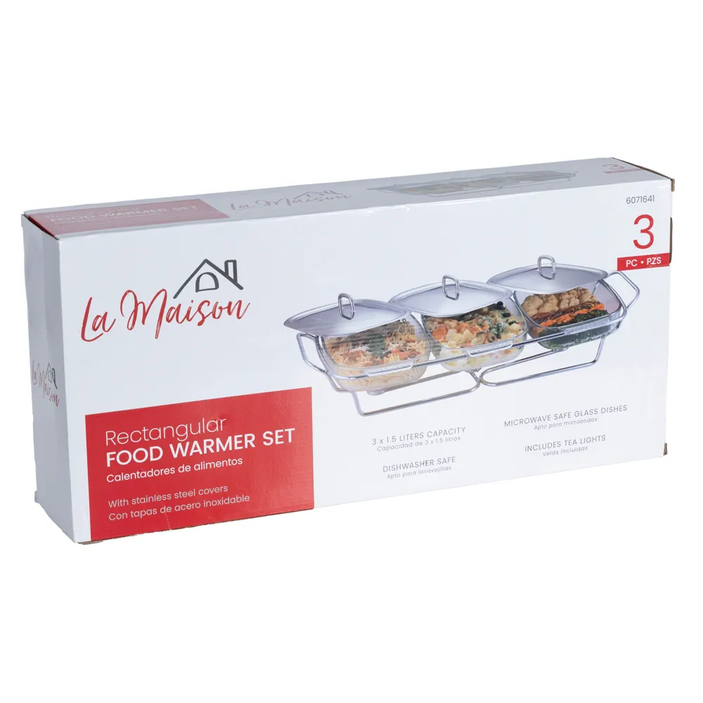 La Maison 3-Rectangle Food Warmer W/Stainless Steel Cover (1.5 L)