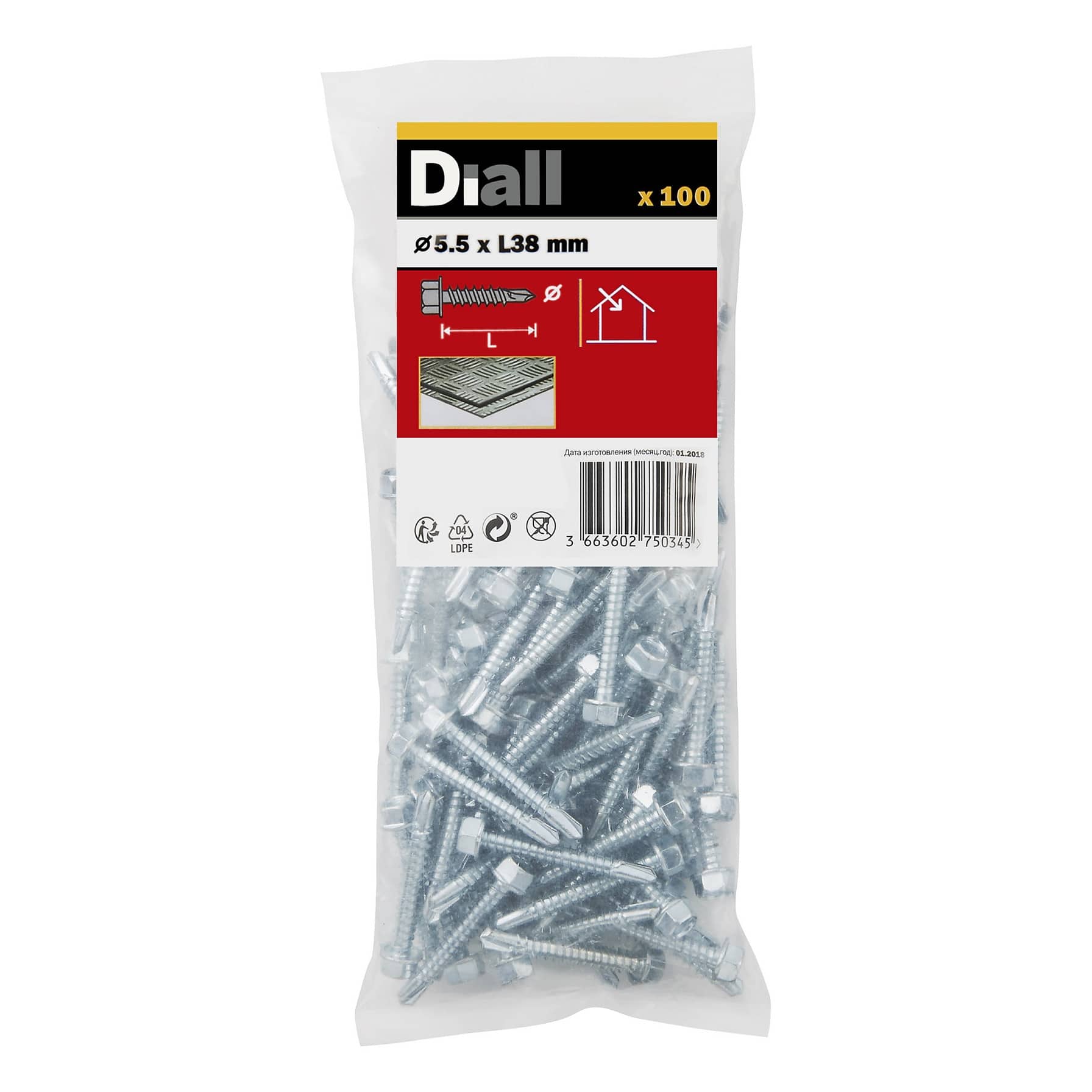 Diall Zinc-Plated Carbon Steel Drilling Hex Screw Pack (5.5 x 38 mm, 100 Pc.)