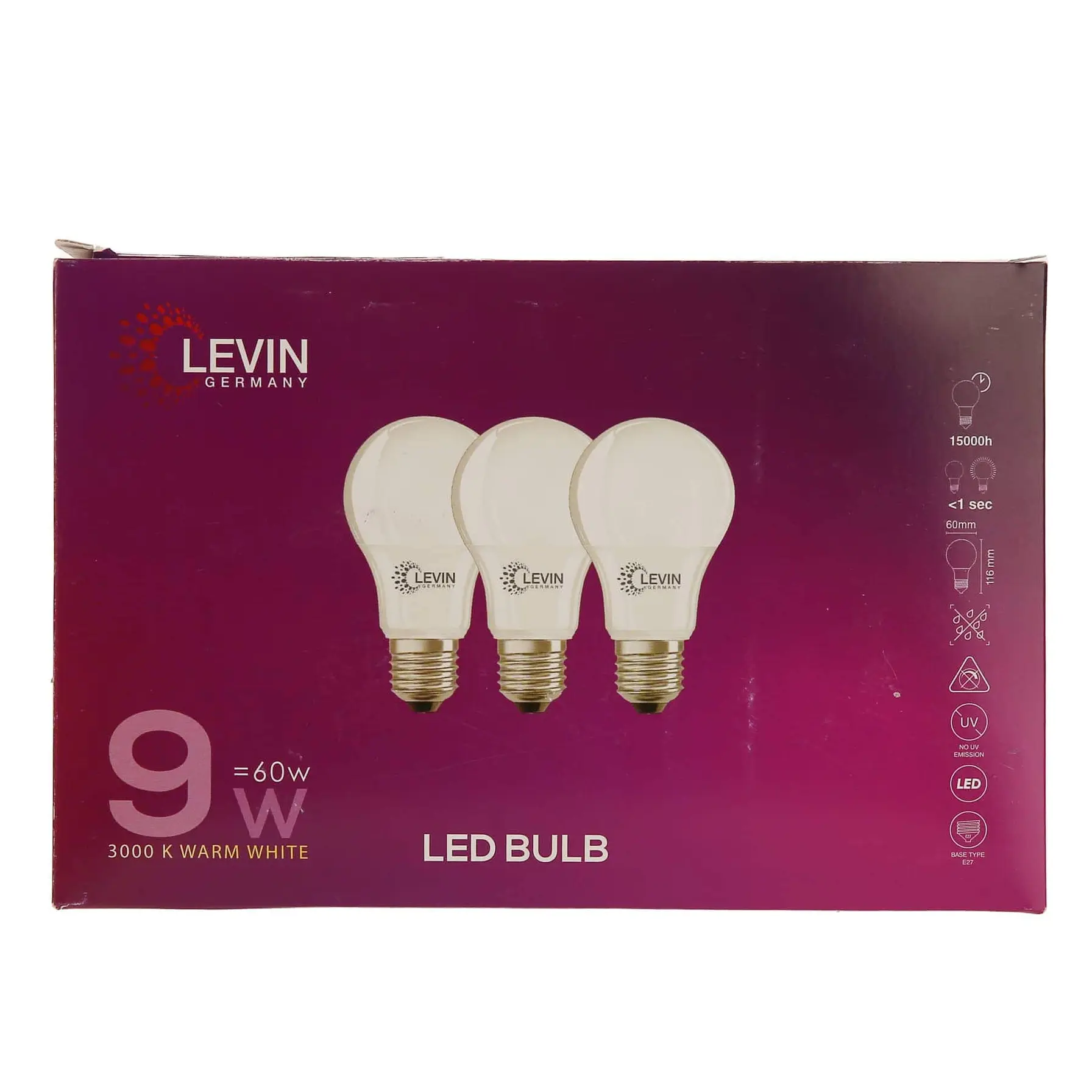 Levin E27 LED A-Type Light Bulb Pack (3 Pc., 9 W, Warm White)