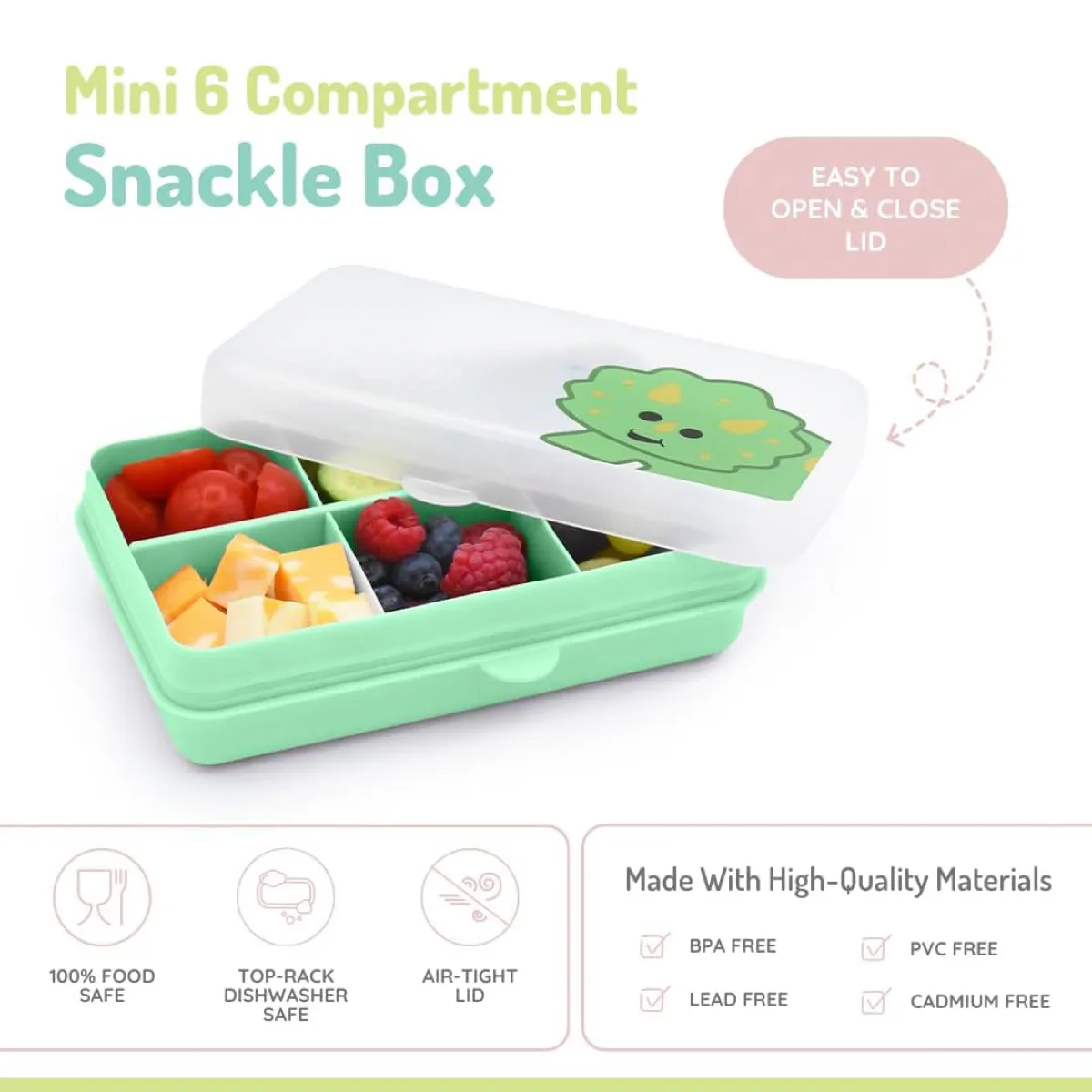 Melii 6-Compartment Plastic Snackle Box W/Mini Dinosaur Print (Mint, 680 ml)
