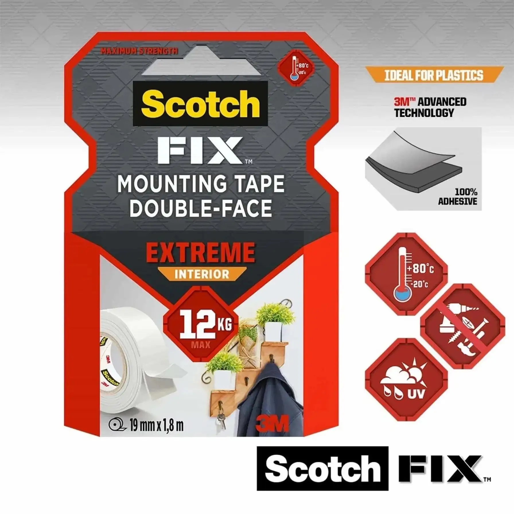 Scotch Fix Double-Face Extreme Interior Mounting Tape (19 mm x 1.8 m, Pack Of 2)