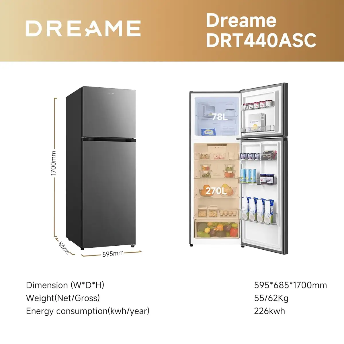 Dreame Freestanding Top Mount Refrigerator, DRT440ASC (440 L, Silver)