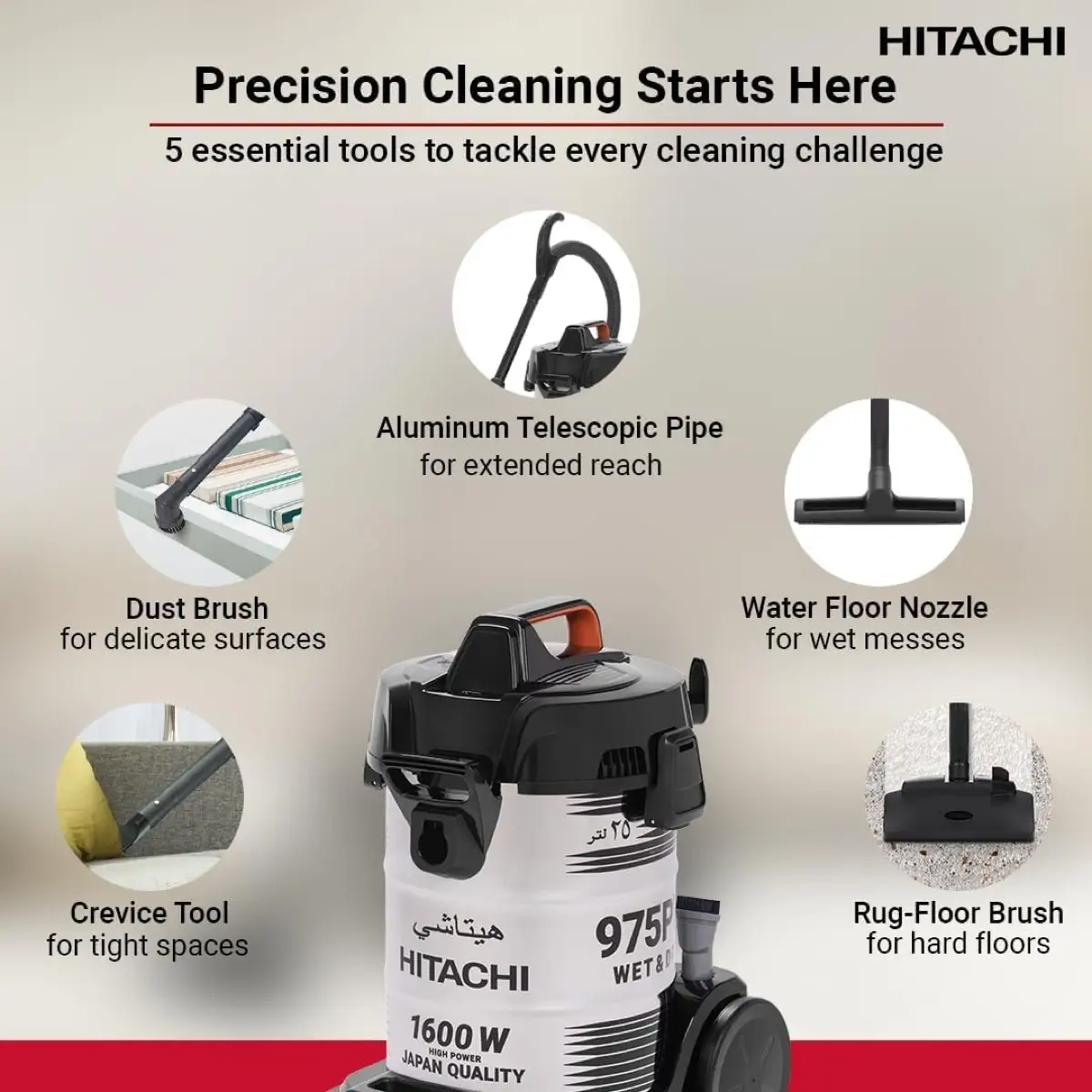 Hitachi 3-in-One Sand Blower Wet & Dry Drum Vacuum, CV975PWBKGAE (25 L, 1600 W)