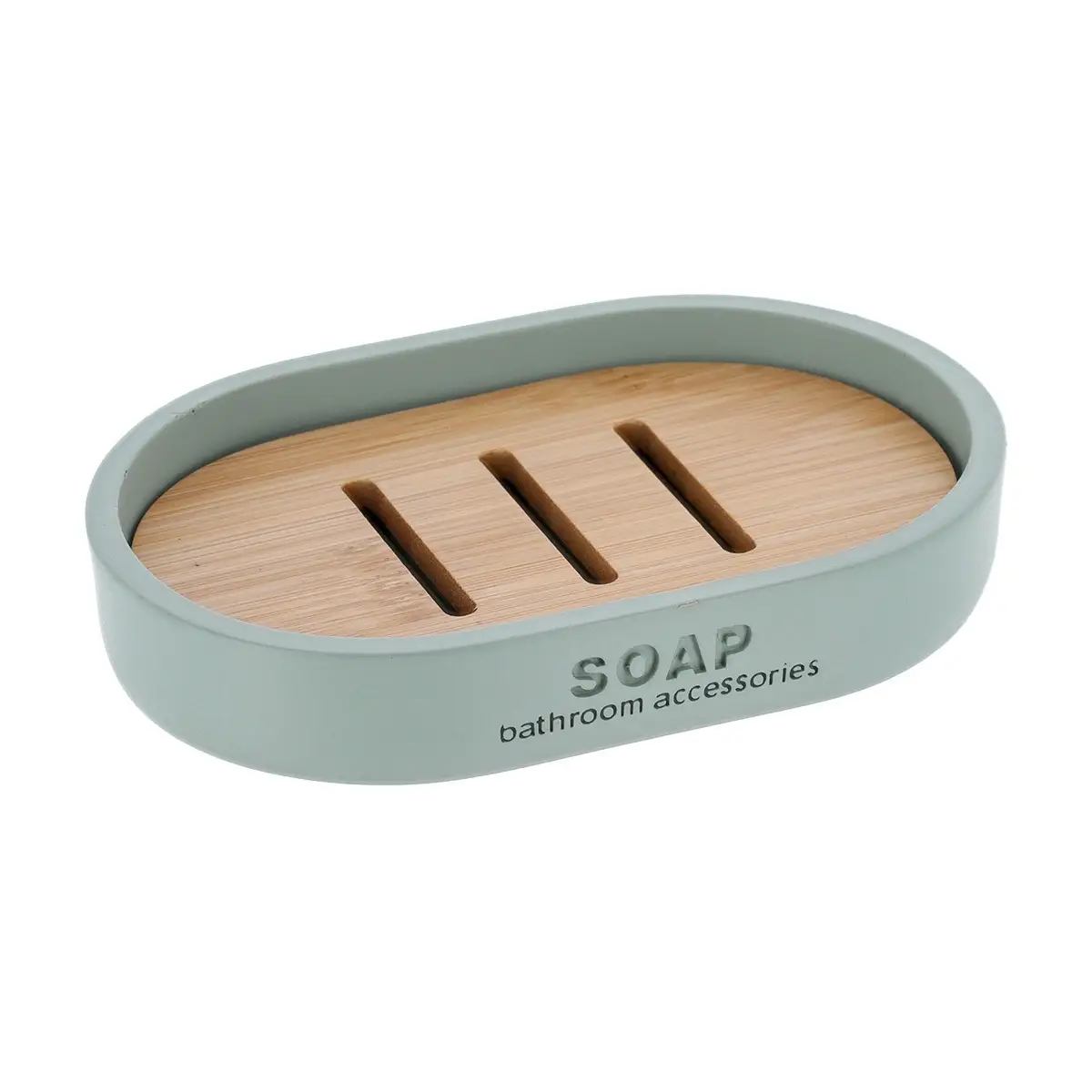 Tendance Polyresin Soap Dish W/Bamboo layer (Green, 12.3 x 8.3 x 2.3 cm)
