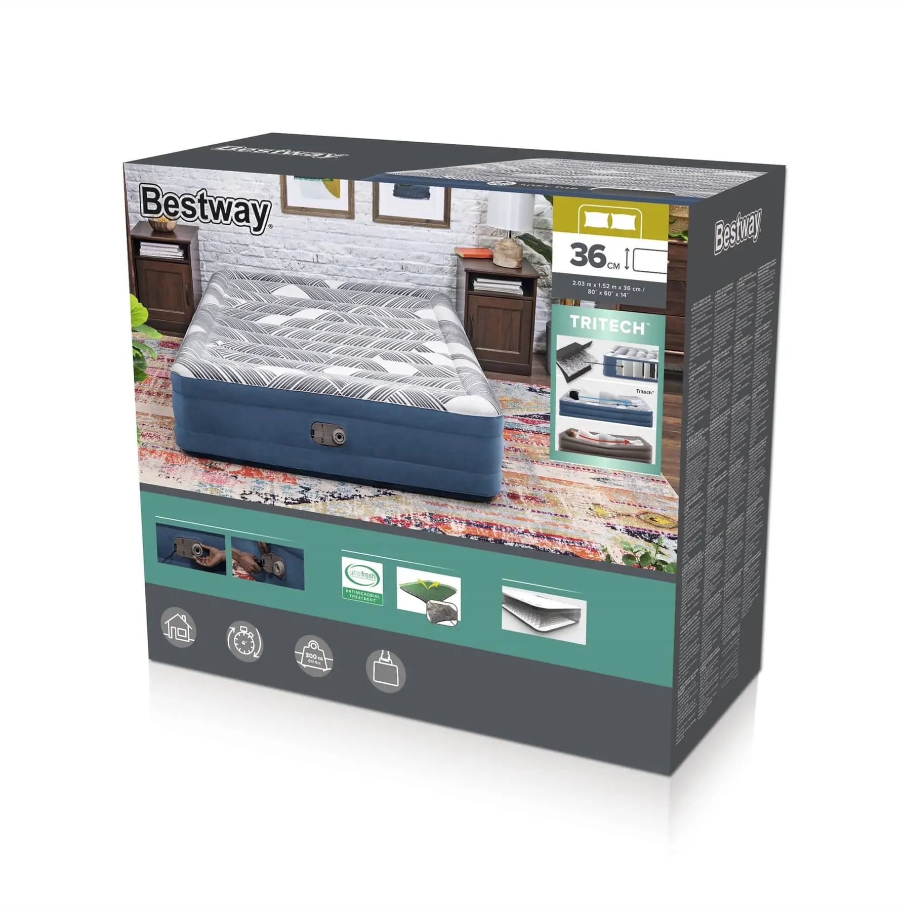 Bestway Tritech Fashion Flock Queen Air Mattress W/Built-In AC Pump (203 x 152 x 36 cm)