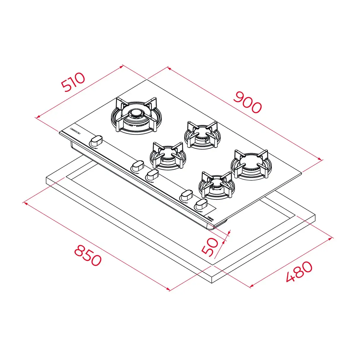 Teka Built-In Infinity G1 Special Edition 5 Zone Gas Hob, GBC 95-G1 GBC BM (9.8 x 90 x 51 cm)