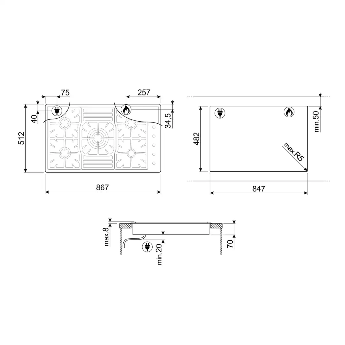 SMEG Classica Aesthetic Built-In 5 Burner Gas Hob, PGF95-4 (7.8 x 86.4 x 50.9 cm)