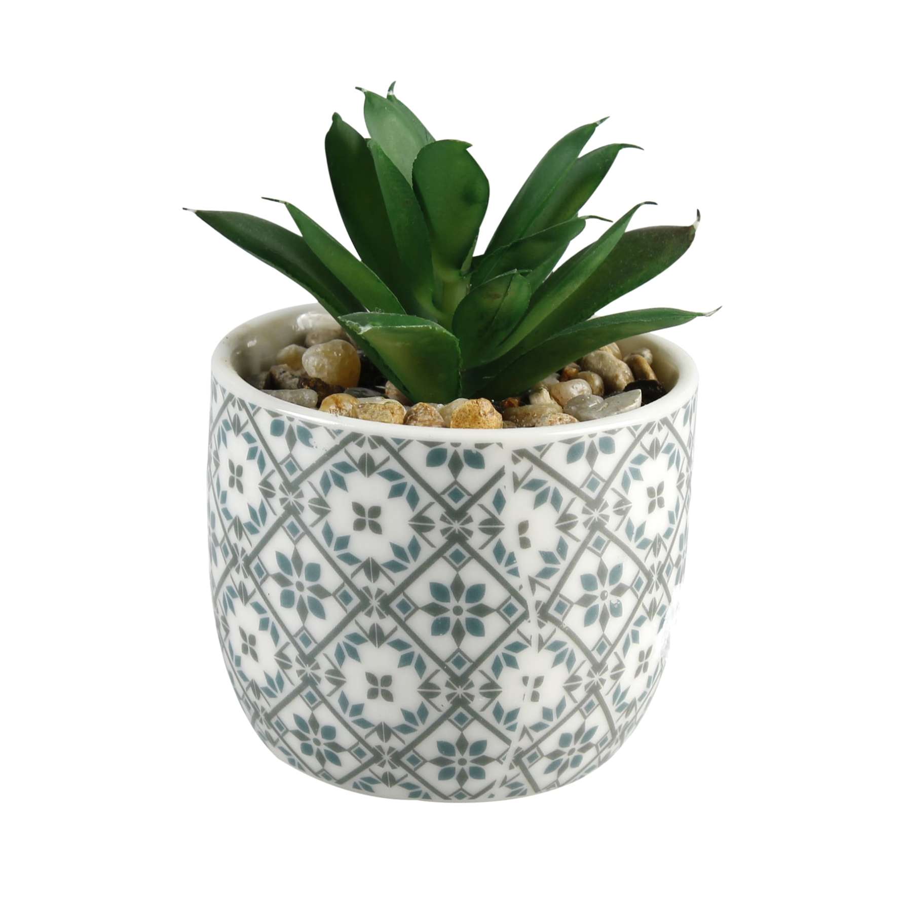 Atmosphera Decorative Artificial Plant W/Printed Ceramic Pot (Assorted Designs & Patterns, 7.5 x 7.5 x 8 cm)