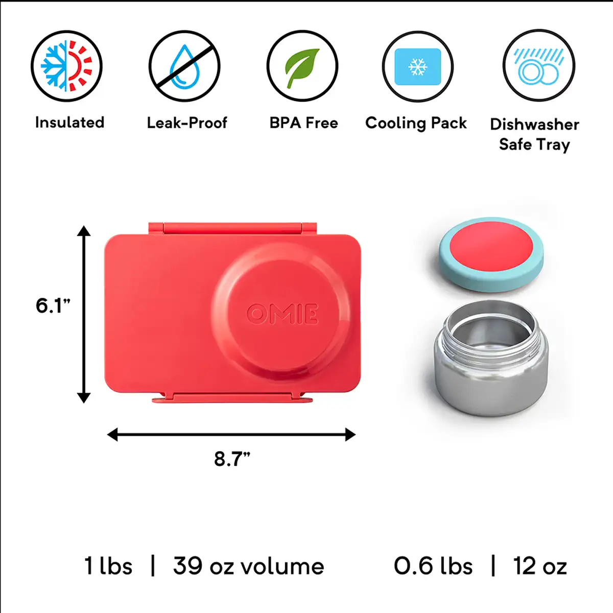 OmieLife Bento Box W/Insulated Thermos & Ice Pack (350 ml, Cherry Pink)