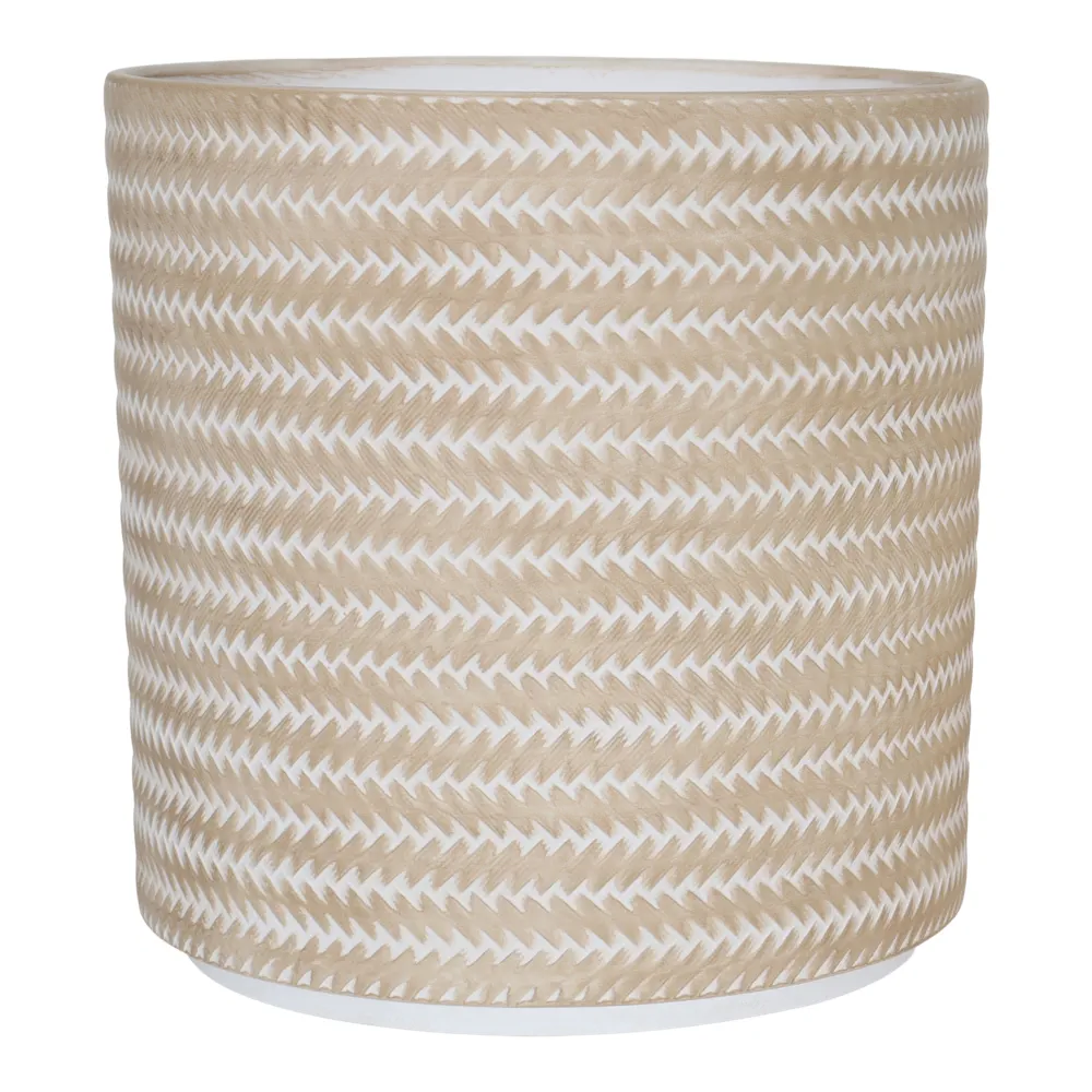 Verve Rattan Finish Cylinder Ceramic Pot (19 cm, Beige)