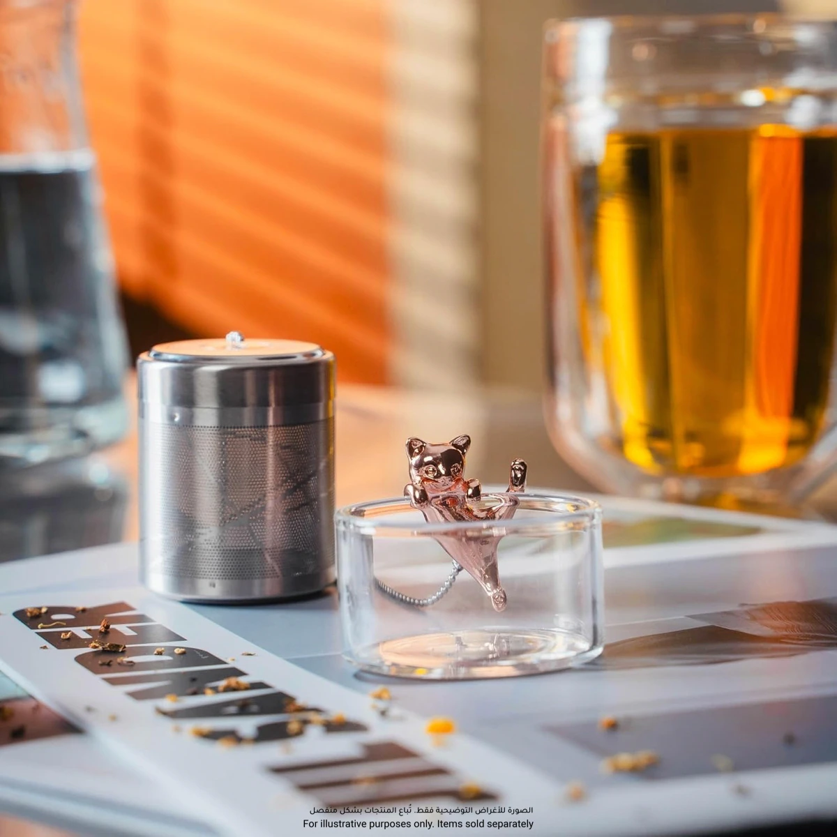 01LIV Stainless Steel Cylinder Leaf Tea Infuser W/Glass Holder & Cat
