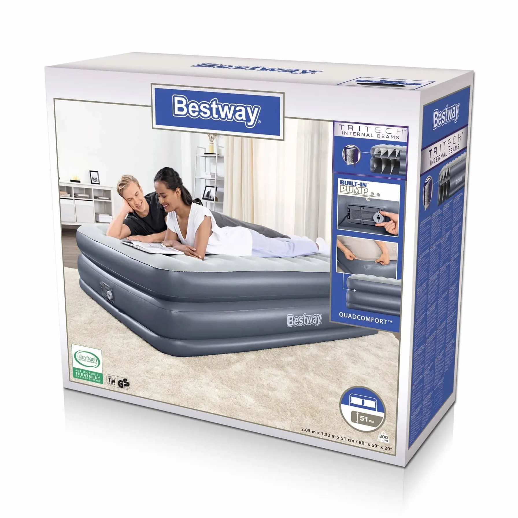 Bestway Tritech QuadComfort Queen Air Mattress W/Built-In AC Pump (203 x 152 x 51 cm)
