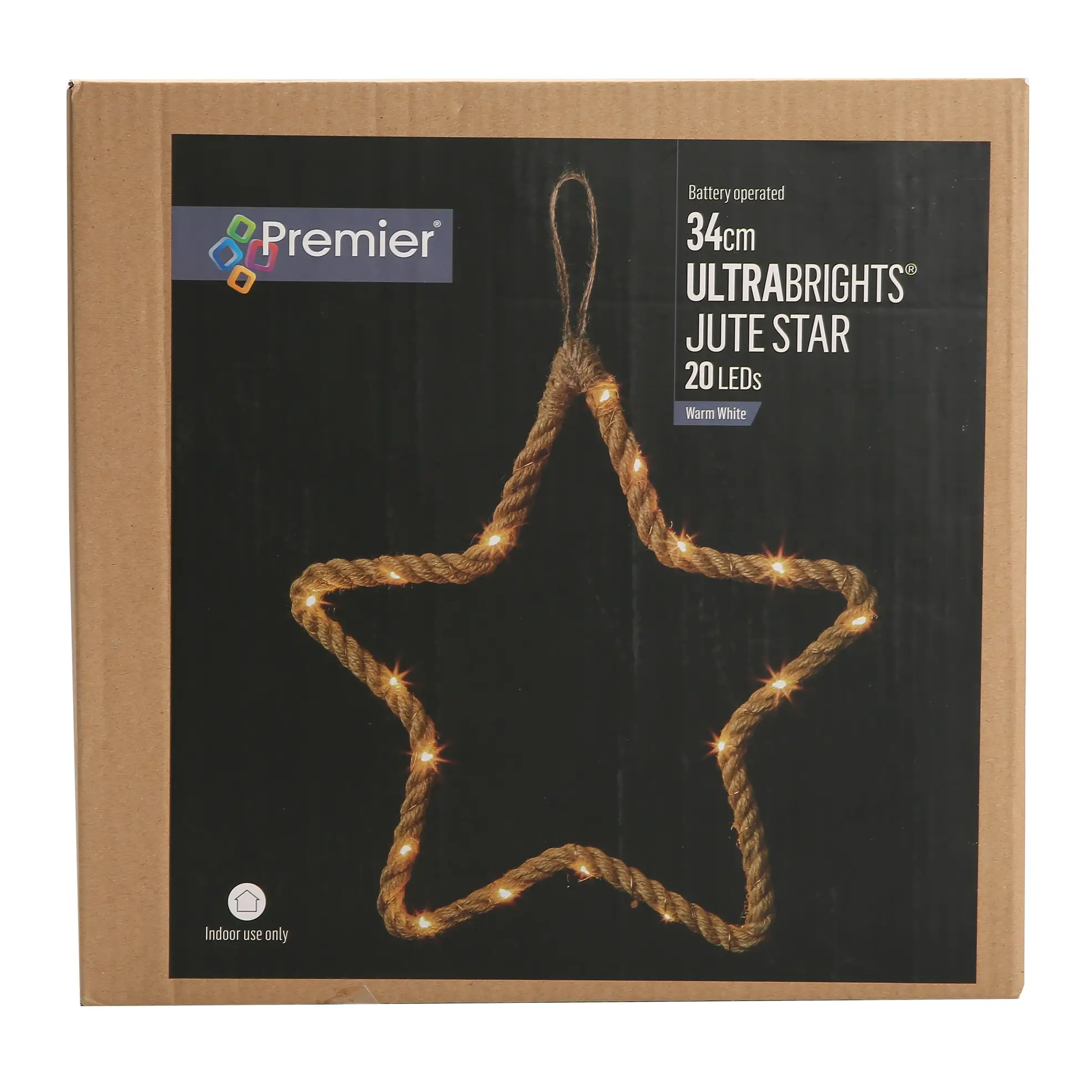 Premier Battery-Operated 20 LED Jute Rope Star Light (0.36 W, 34 x 34 x 2 cm)
