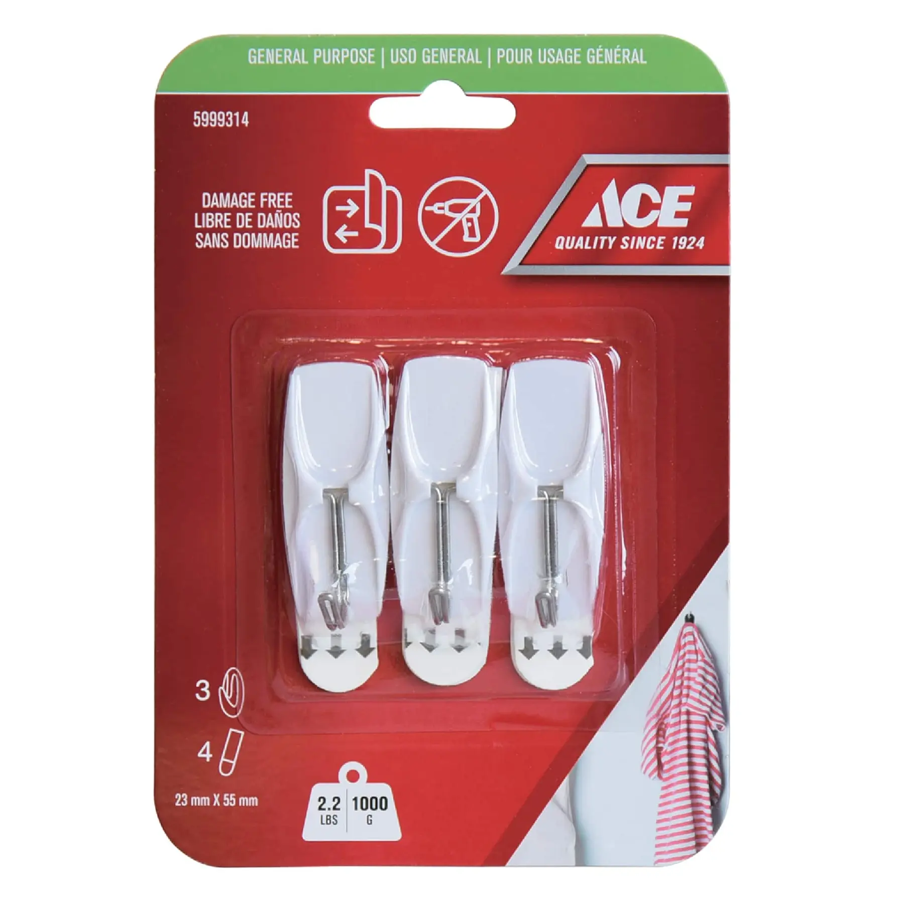 ACE Adhesive Hook Pack (3 Pc., 2.3 x 5.5 cm, White)