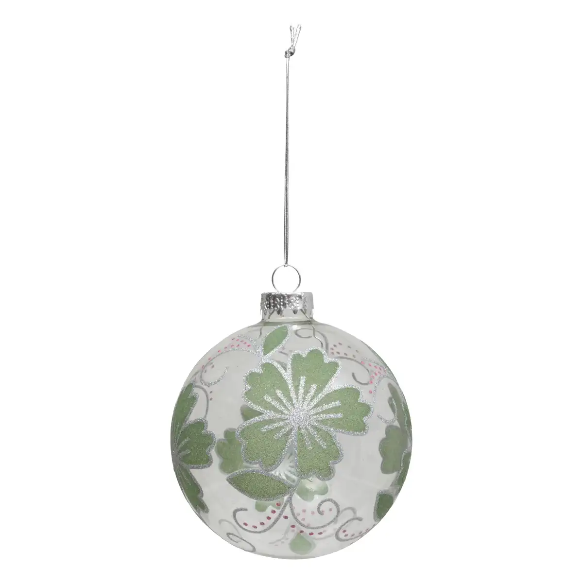 Atmosphera Glass Flower Glitter Bauble (9 cm, Green)