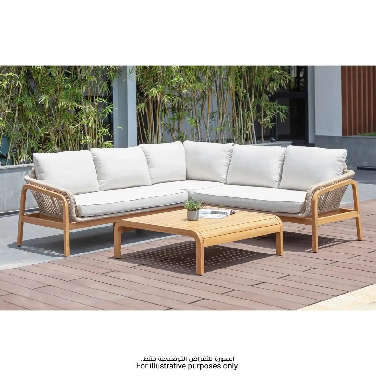Cameo Acacia Wood & Rope 4-Seater Corner Outdoor Sofa Set W/Cushion (142 x 75 x 73 cm)