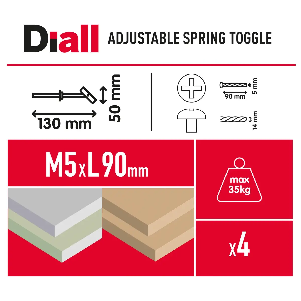 Diall Nylon & Steel Spring Toggle Pack (0.5 x 9 cm, 4 Pc.)
