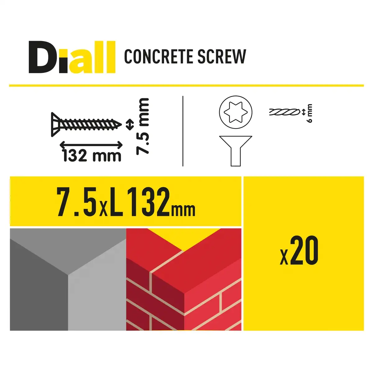 Diall Steel Pan Head Concrete Screw Pack (Dia. 0.75 x L. 13.2 cm, 20 Pc.)