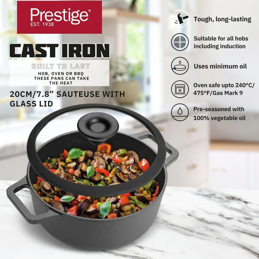 Prestige Cast Iron Casserole W/Glass Lid (20 cm, Black)