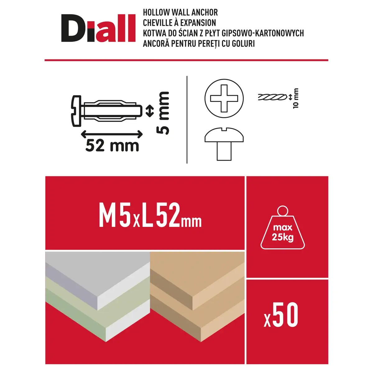 Diall Steel Hollow Wall Anchor Pack (Dia. 0.95 x L. 5.2 cm, 50 Pc.)
