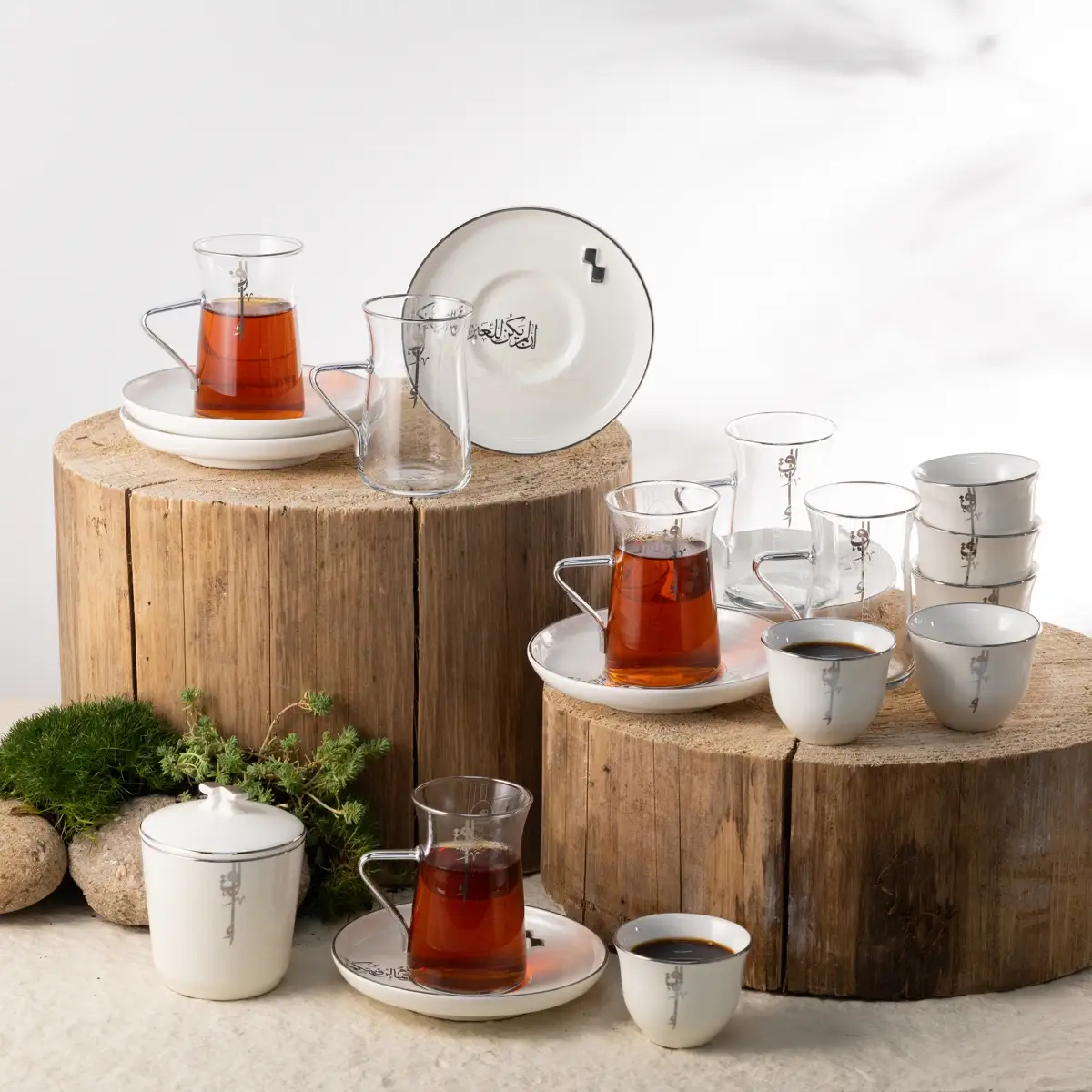 Otantik Liqaa Tea & Arabic Coffee Cup Set (Pearl White & Silver, 19 Pc.)