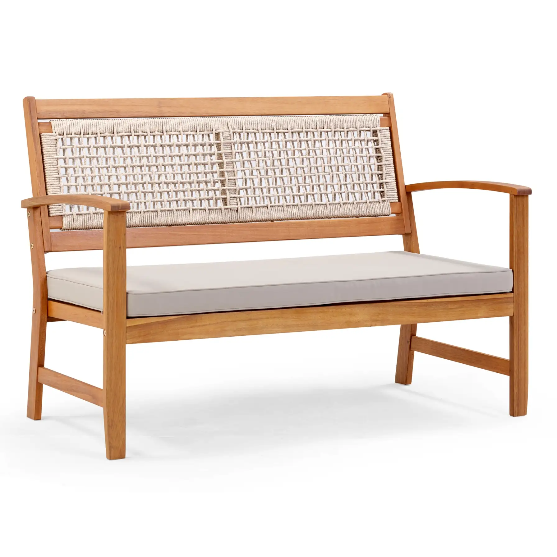 Rope Weaving Acacia Wood 4-Seater Outdoor Sofa Set W/Cushions (120.5 x 61 x 81 cm)