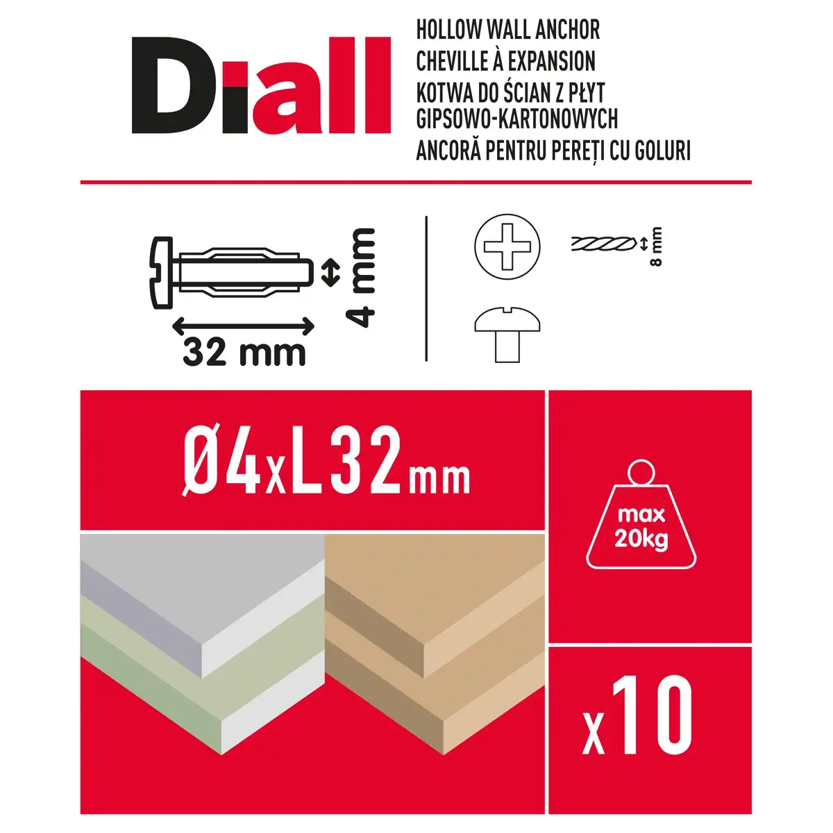Diall Steel Hollow Wall Anchor Pack (Dia. 0.4 x L. 3.2 cm, 10 Pc.)