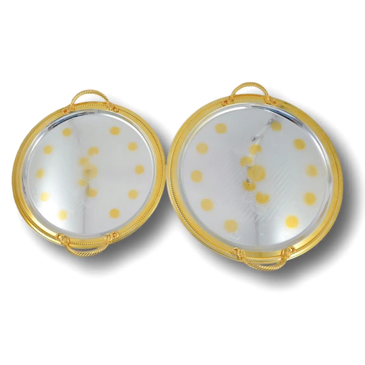Home Maker Stainless Steel Round Serving Tray Set, C-T1693 (Large & Mideum, Silver & Gold, 2 Pc.)