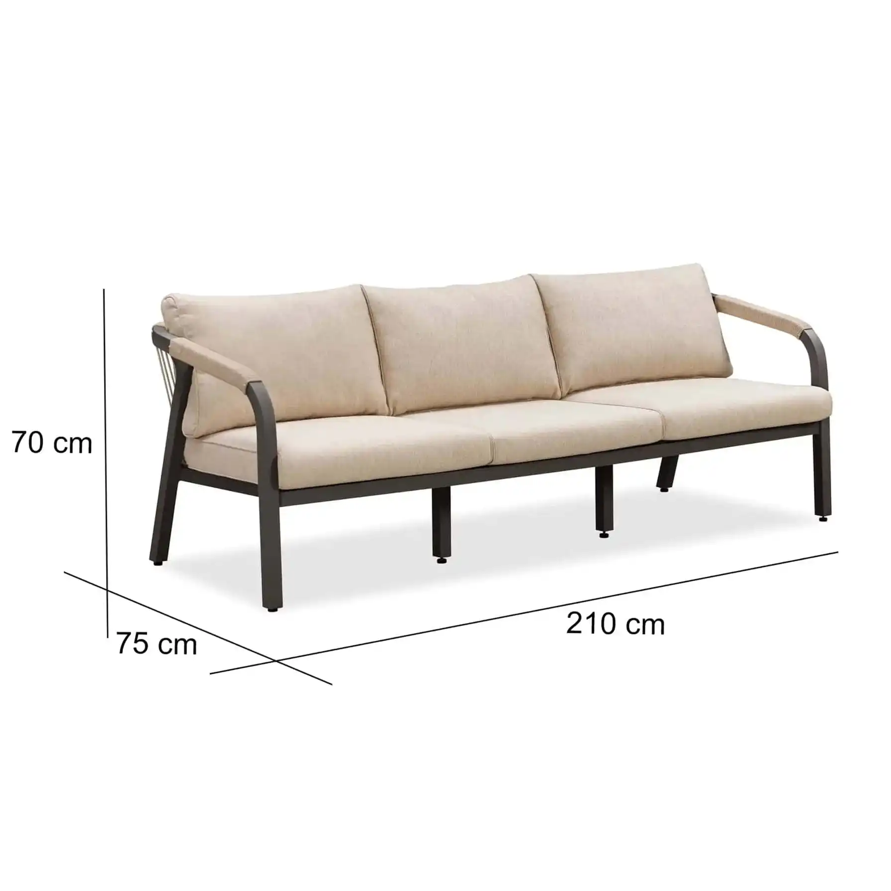 Angelo 3-Seater Aluminum & Rope Outdoor Sofa (210 x 75 x 70 cm)