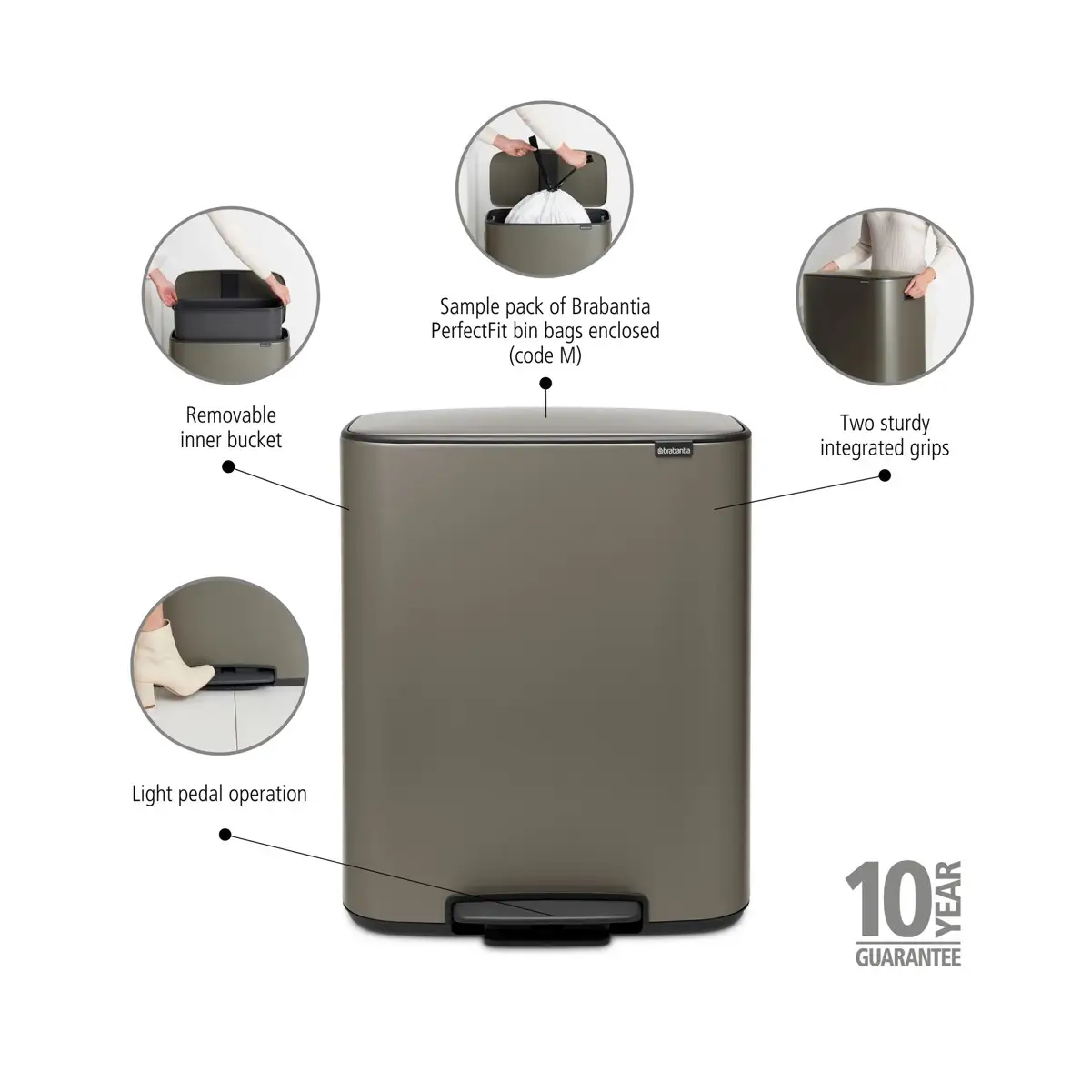Brabantia Stainless Steel Bo Pedal Bin (36.3 x 54.1 x 65.2 cm, 60 L, Platinum)