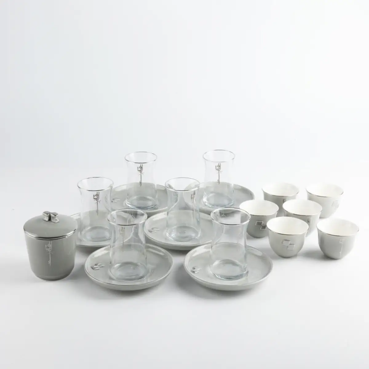 Otantik Liqaa Tea & Arabic Coffee Cup Set (Grey & Silver, 19 Pc.)