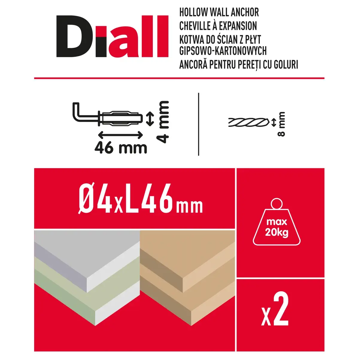 Diall Steel Hollow Wall Anchor Pack (Dia. 0.8 x L. 4.6 cm, 2 Pc.)
