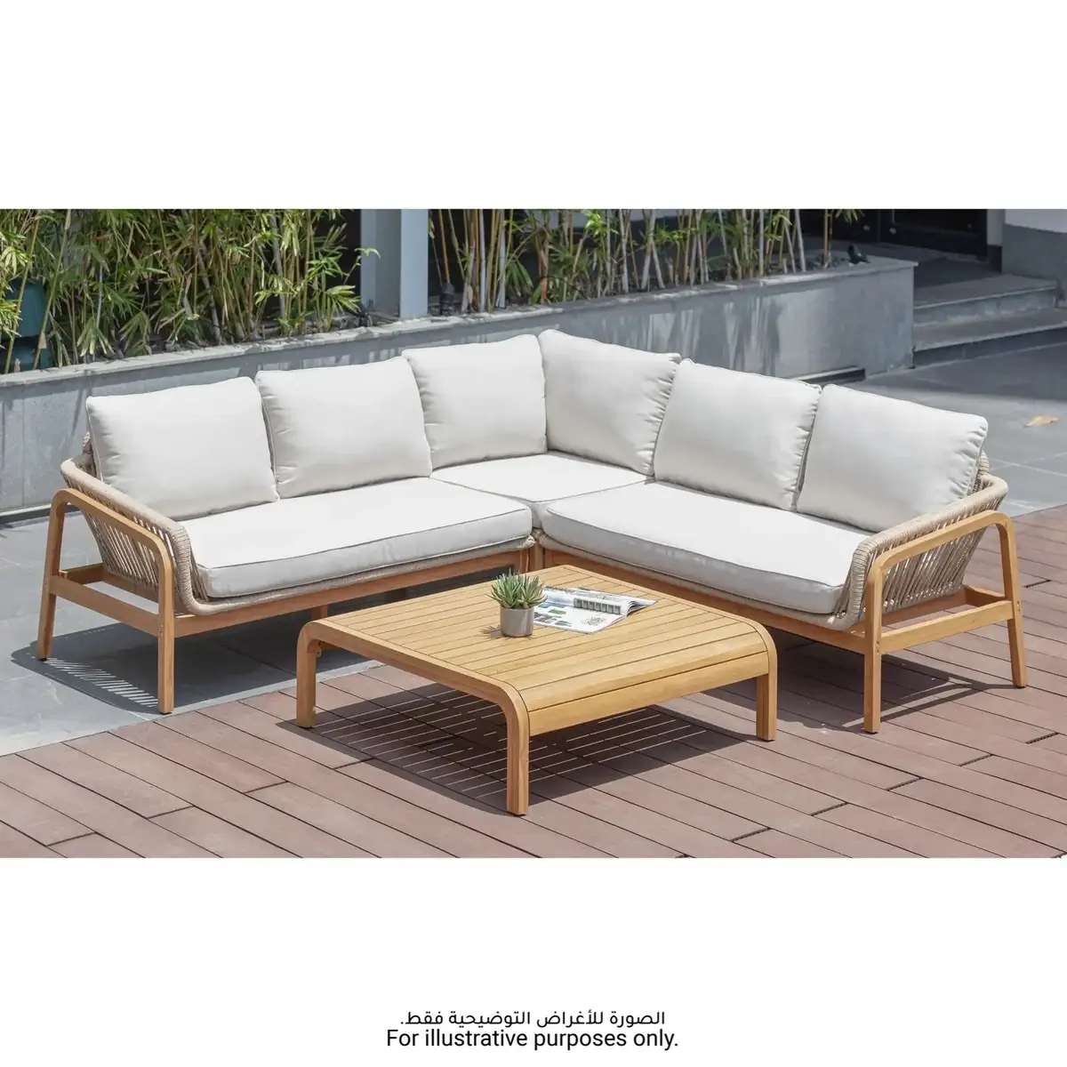 Cameo Acacia Wood & Rope 4-Seater Corner Outdoor Sofa Set W/Cushion (142 x 75 x 73 cm)