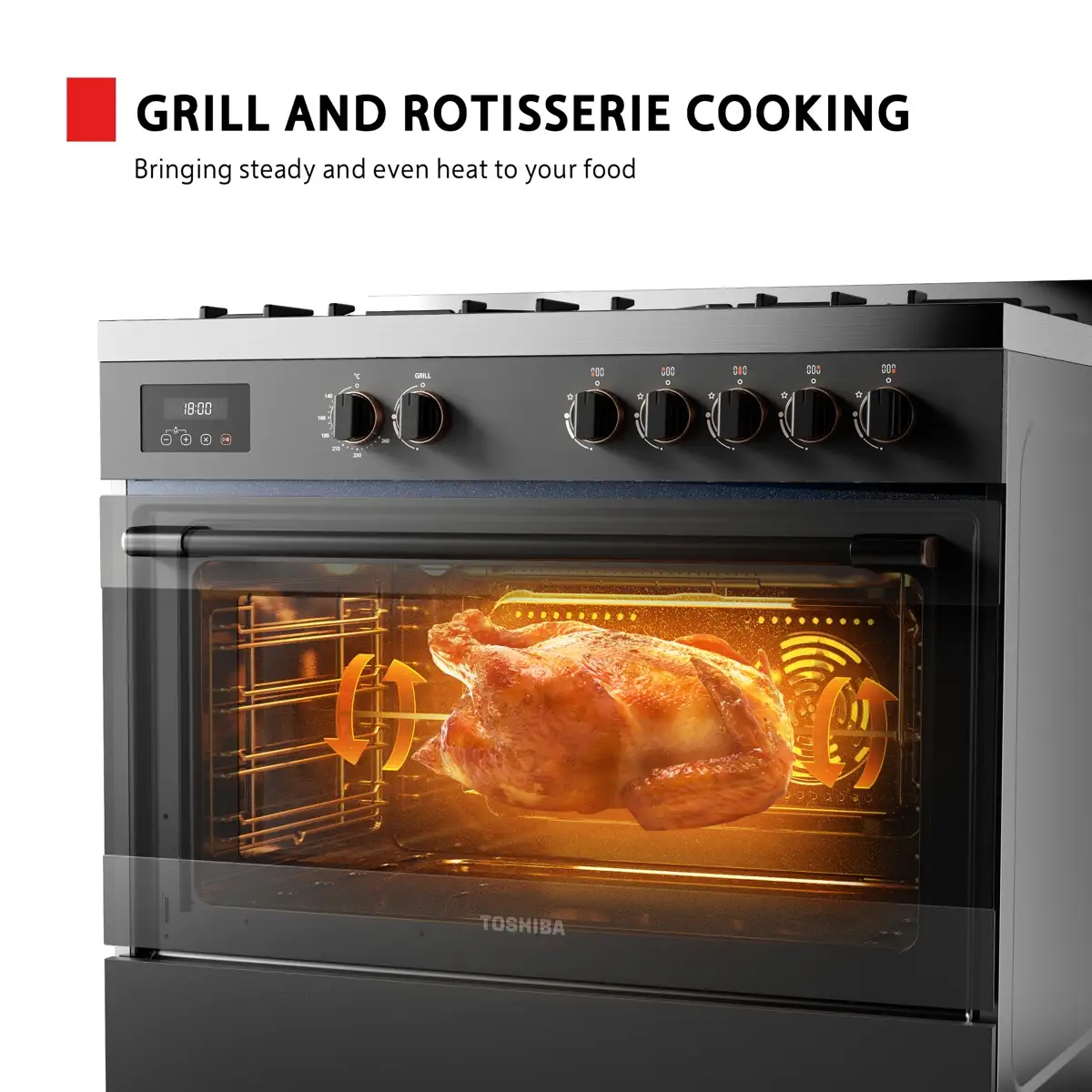 Toshiba Freestanding 5-Burner Gas Cooker W/Oven, RQ1-90MG5GE(GR) (89.5 x 60 x 75 cm)