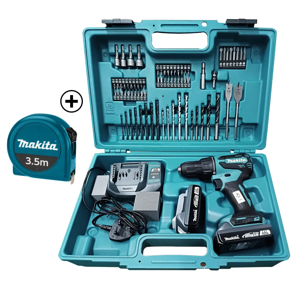 Makita Cordless Hammer Drill W/Bits & Tape Measure, DHP490WVX6-Combo