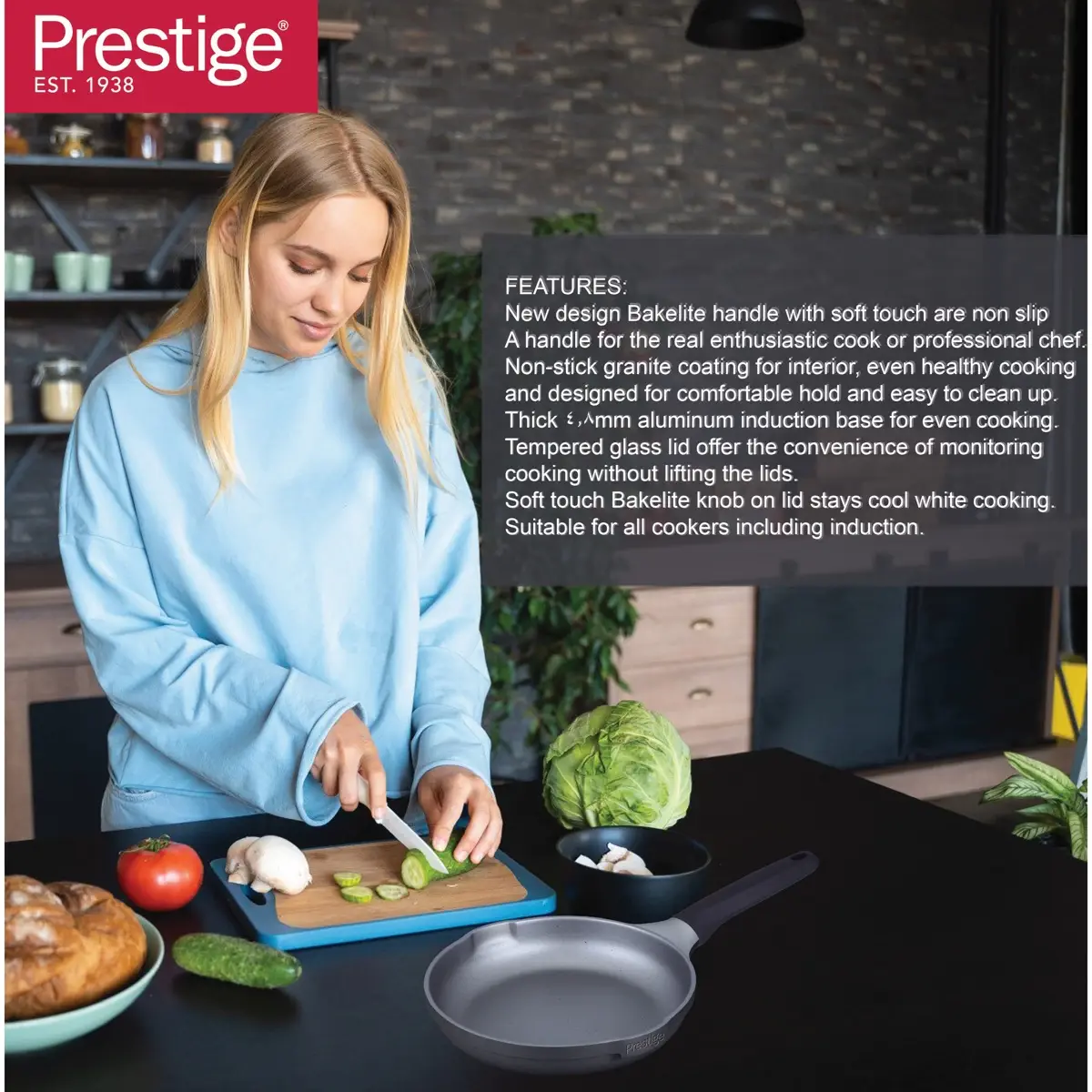 Prestige Essential Cast Aluminum Fry Pan (Black, 24 cm)