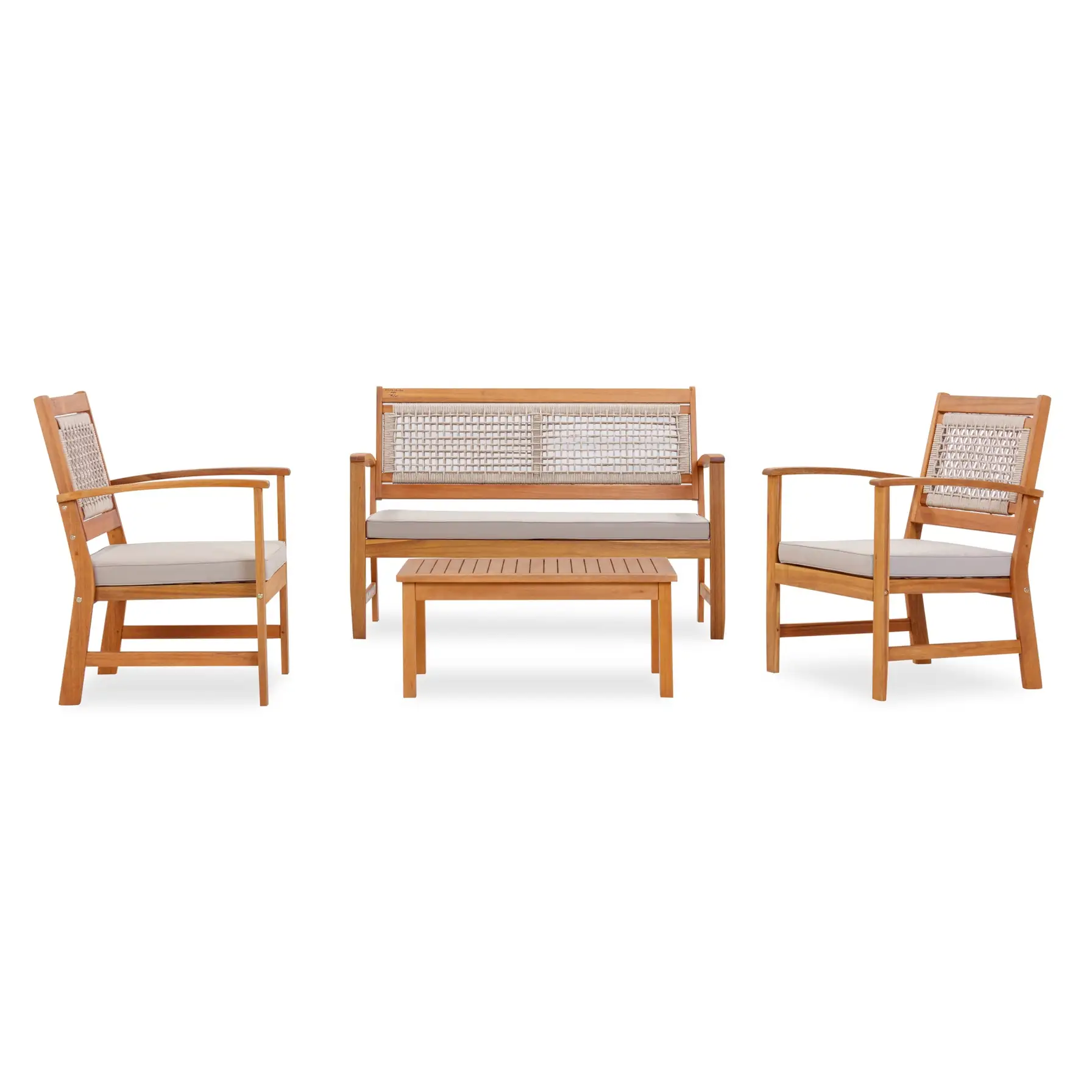 Rope Weaving Acacia Wood 4-Seater Outdoor Sofa Set W/Cushions (120.5 x 61 x 81 cm)