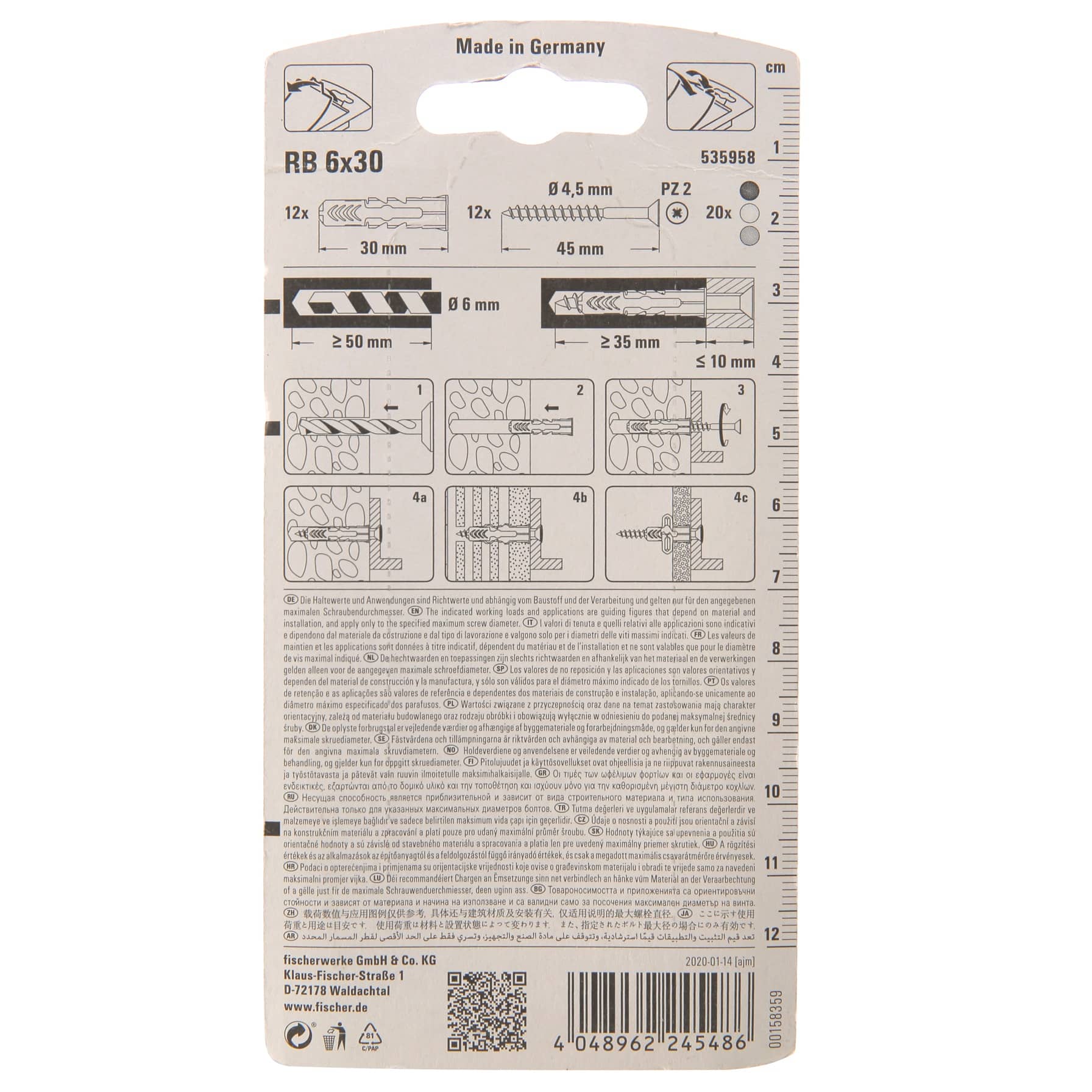 Fischer DuoPower Universal Plug W/ Screw Pack, RB (0.6 x 3 cm, 12 Pc.)