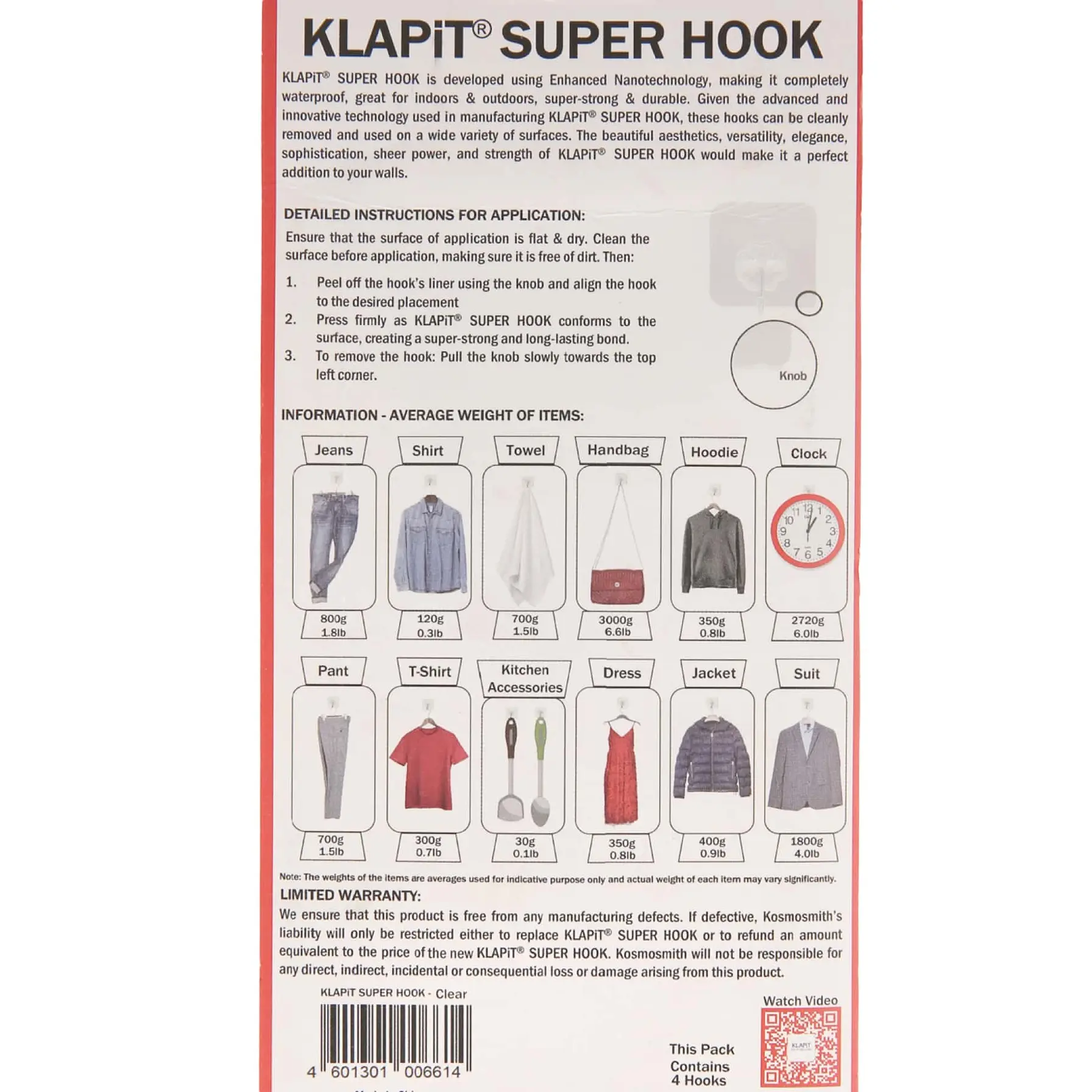 KLAPiT Super Hook Pack at 4 Pc., Clear