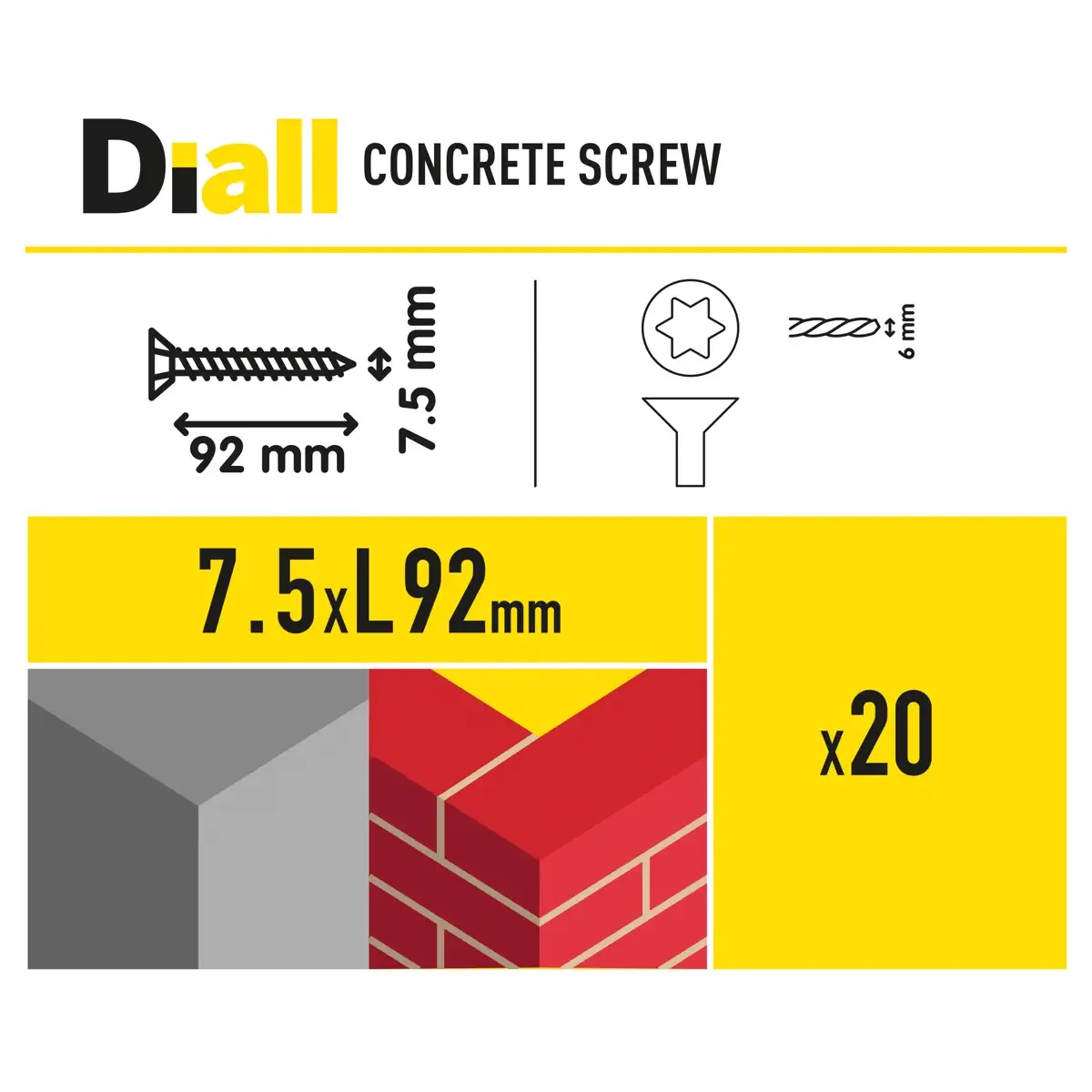Diall Steel Pan Head Concrete Screw Pack (Dia. 0.75 x L. 9.2 cm, 20 Pc.)